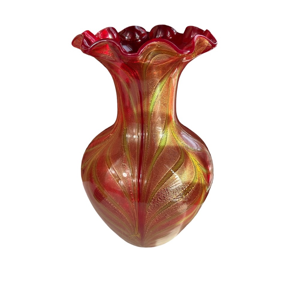Murano Red Yellow Pulled Feather Gold Italian Art Glass Ruffle Rim Flower Vase